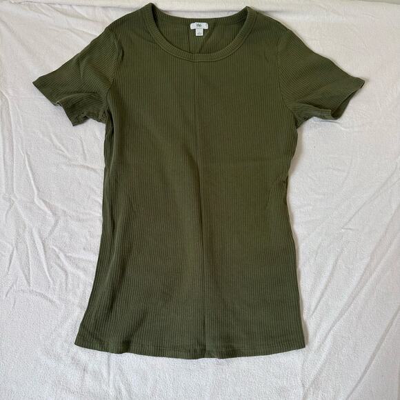 dip Tops - dip Olive Green Shirt Dress Ribbed Crew Neck Stretch Relaxed  Large Woman Causal